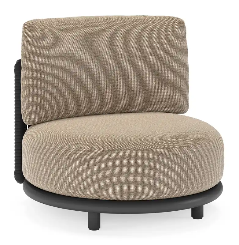 Lomano loungestoel in zwart aluminium en beige verticaal geweven luxe vlakke rope met firenze earth all weather solica kussen Seizoensaanbieding