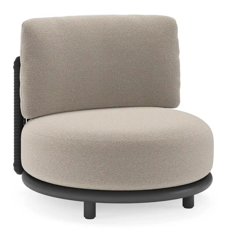 Exclusieve Aanbieding Lomano loungestoel in zwart aluminium en beige verticaal geweven luxe vlakke rope met savane coconut all weather sunbrella® luxe kussen