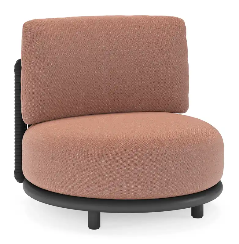Koopje Lomano loungestoel in zwart aluminium en beige verticaal geweven luxe vlakke rope met savane rust all weather sunbrella® luxe kussen