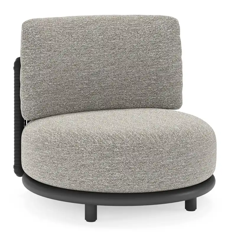 Hoge Kwaliteit Lomano loungestoel in zwart aluminium en beige verticaal geweven luxe vlakke rope met tundra pepper all weather sunbrella® luxe kussen