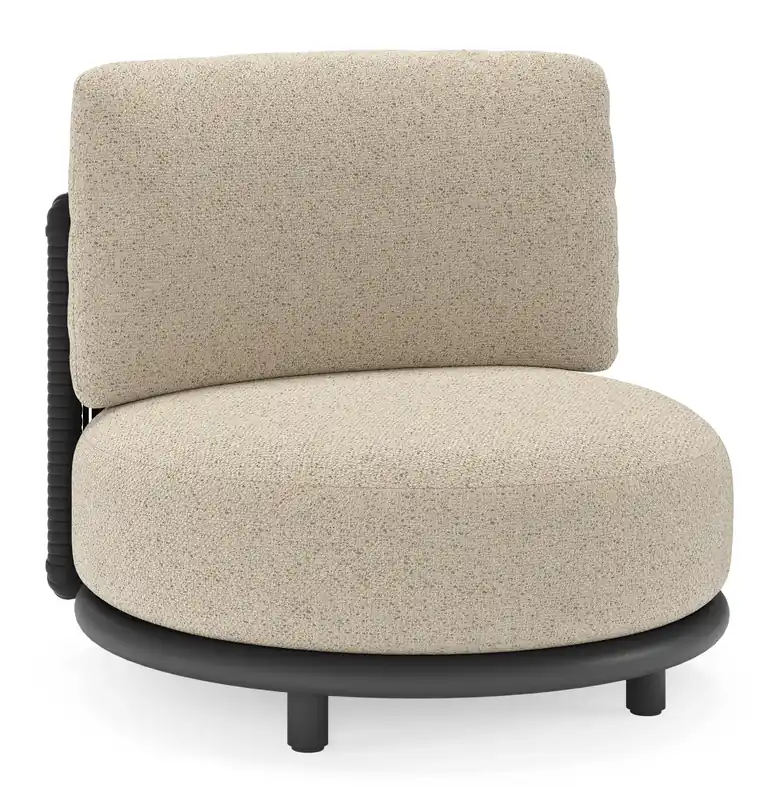 Gratis Retour Lomano loungestoel in zwart aluminium en beige verticaal geweven luxe vlakke rope met bora desert all weather cosytica kussen