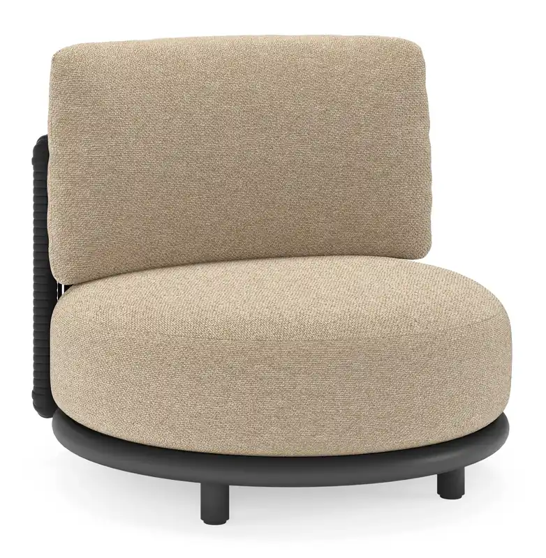 Merkproduct Lomano loungestoel in zwart aluminium en beige verticaal geweven luxe vlakke rope met madagascar oak all weather cosytica kussen
