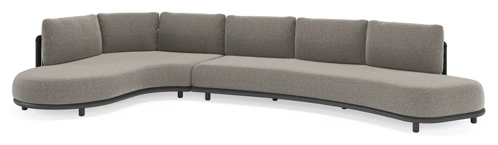 Lomano loungehoek in zwart aluminium en zwart verticaal geweven luxe vlakke rope met chartres drizzle all weather sunbrella® luxe kussen Weekendaanbieding