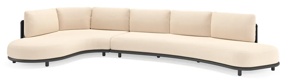 Lomano loungehoek in zwart aluminium en zwart verticaal geweven luxe vlakke rope met heritage papyrus all weather sunbrella® luxe kussen Veilige Betaling