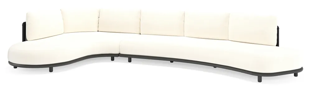 Hete Deal Lomano loungehoek in zwart aluminium en zwart verticaal geweven luxe vlakke rope met natte white all weather sunbrella® luxe kussen
