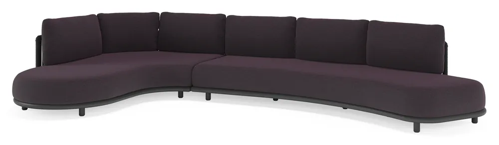 Tijdelijk Beschikbaar Lomano loungehoek in zwart aluminium en zwart verticaal geweven luxe vlakke rope met tundra red all weather sunbrella® luxe kussen