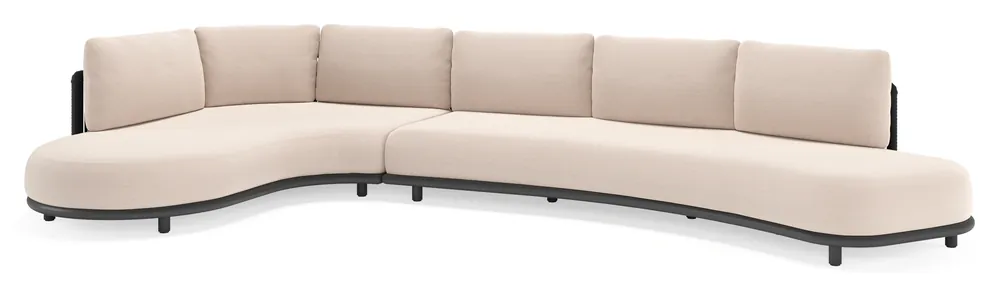 Gecertificeerd Lomano loungehoek in zwart aluminium en zwart verticaal geweven luxe vlakke rope met wander pilat all weather sunbrella® luxe kussen