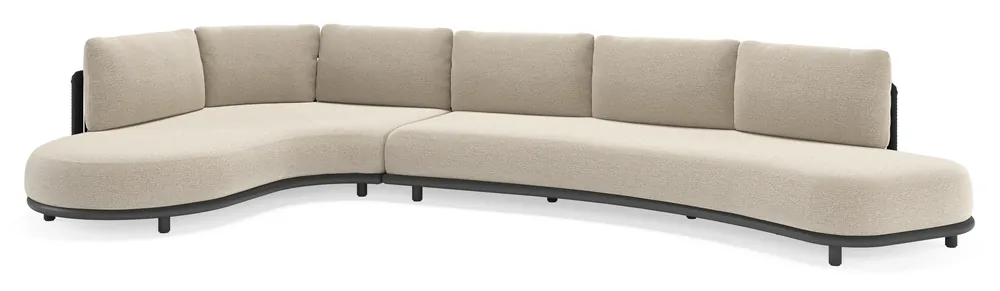 Lomano loungehoek in zwart aluminium en zwart verticaal geweven luxe vlakke rope met catania greige all weather cosytica kussen Must-Have