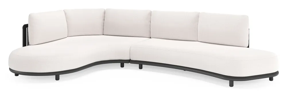Superprijs Lomano loungehoek in zwart aluminium en zwart verticaal geweven luxe vlakke rope met ego eggshell all weather solica kussen