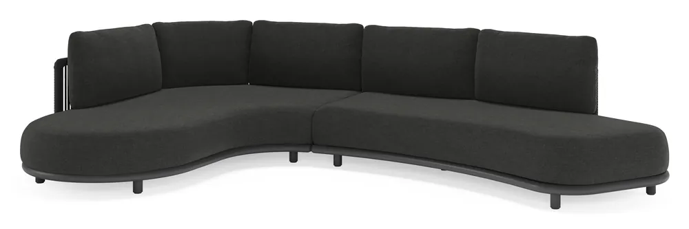 Merkproduct Lomano loungehoek in zwart aluminium en zwart verticaal geweven luxe vlakke rope met chartres sooty all weather sunbrella® luxe kussen