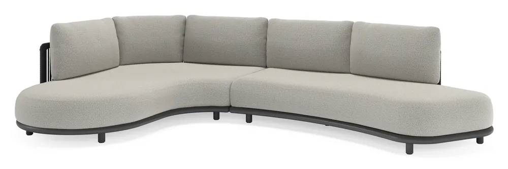 Lomano loungehoek in zwart aluminium en zwart verticaal geweven luxe vlakke rope met savane tunder all weather sunbrella® luxe kussen Voordeelprijs