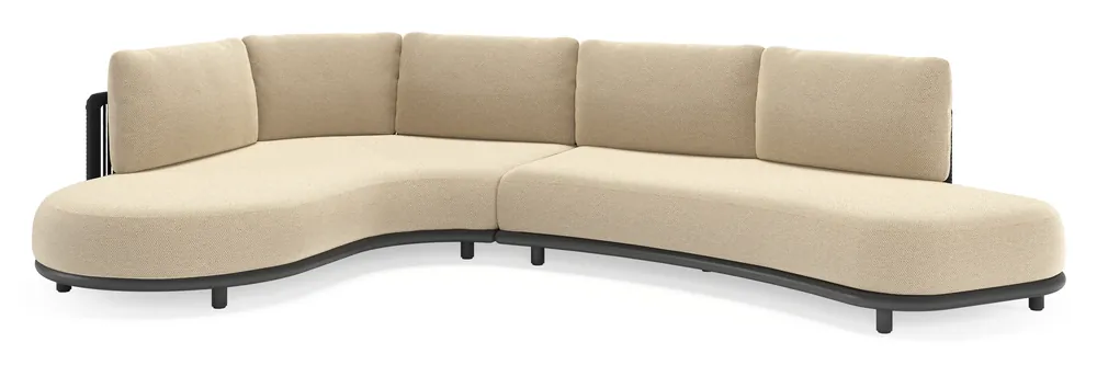 Voordeelprijs Lomano loungehoek in zwart aluminium en zwart verticaal geweven luxe vlakke rope met althea camel all weather cosytica kussen
