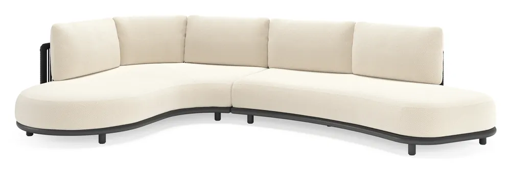 Lage Prijs Lomano loungehoek in zwart aluminium en zwart verticaal geweven luxe vlakke rope met althea off white all weather cosytica kussen