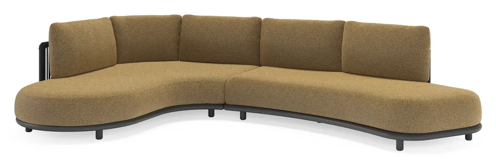 Superprijs Lomano loungehoek in zwart aluminium en zwart verticaal geweven luxe vlakke rope met madagascar walnut all weather cosytica kussen