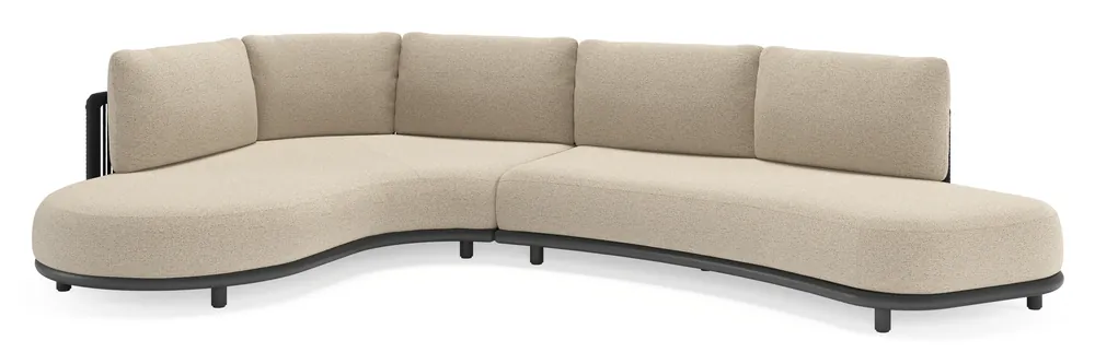 Must-Have Lomano loungehoek in zwart aluminium en zwart verticaal geweven luxe vlakke rope met marbella zwart all weather cosytica kussen