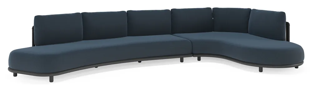 Lomano loungehoek in zwart aluminium en zwart verticaal geweven luxe vlakke rope met heritage indigo all weather sunbrella® luxe kussen Laatste Kans
