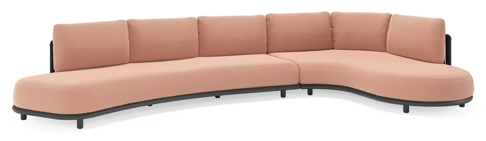 Finale Uitverkoop Lomano loungehoek in zwart aluminium en zwart verticaal geweven luxe vlakke rope met lopi fawn all weather sunbrella® luxe kussen