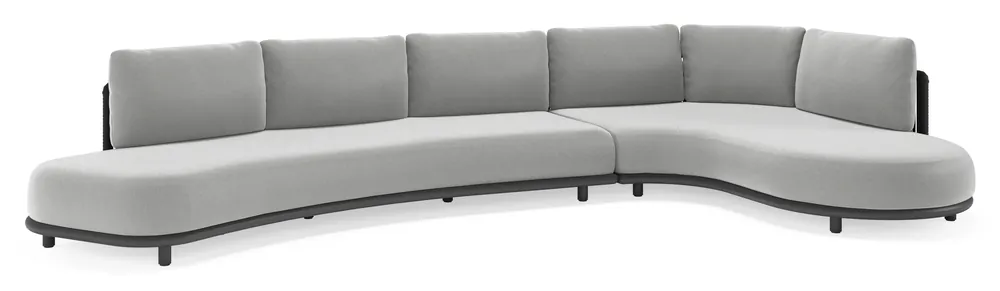 Koop Vandaag Lomano loungehoek in zwart aluminium en zwart verticaal geweven luxe vlakke rope met savane grey all weather sunbrella® luxe kussen