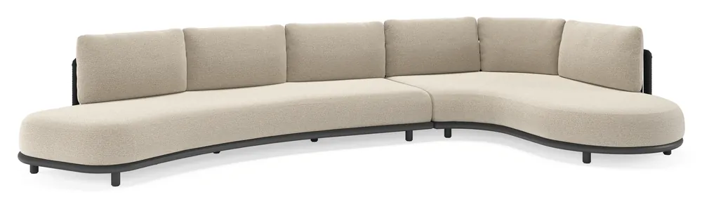 Bestel Nu Lomano loungehoek in zwart aluminium en zwart verticaal geweven luxe vlakke rope met catania sand all weather cosytica kussen