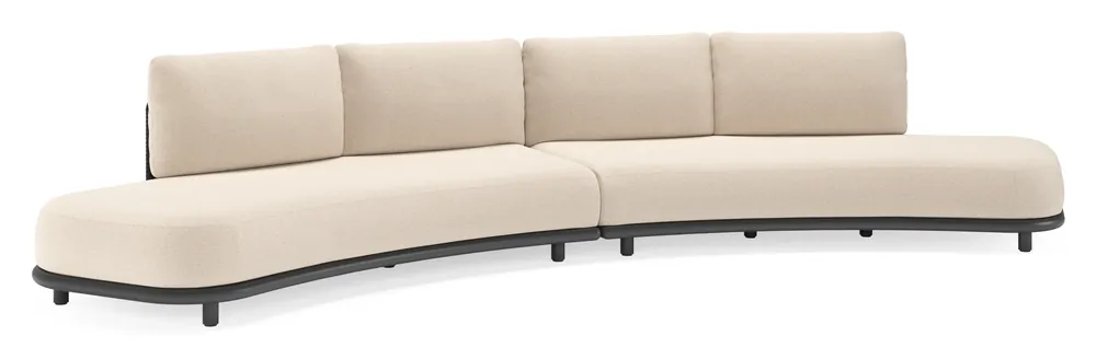 Direct Beschikbaar Lomano loungebank in zwart aluminium en beige verticaal geweven luxe vlakke rope met heritage ash all weather sunbrella® luxe kussen