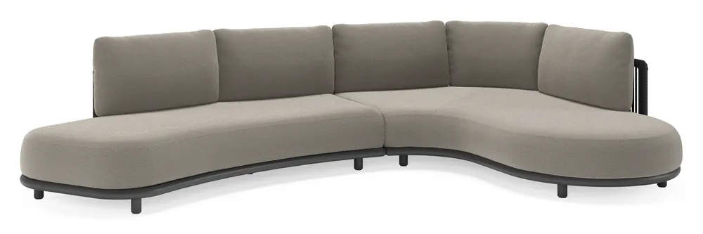 Lomano loungehoek in zwart aluminium en zwart verticaal geweven luxe vlakke rope met lopi charcoal all weather sunbrella® luxe kussen Speciale Aanbieding