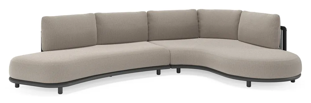 Lomano loungehoek in zwart aluminium en zwart verticaal geweven luxe vlakke rope met lopi pepper all weather sunbrella® luxe kussen Uitverkoop