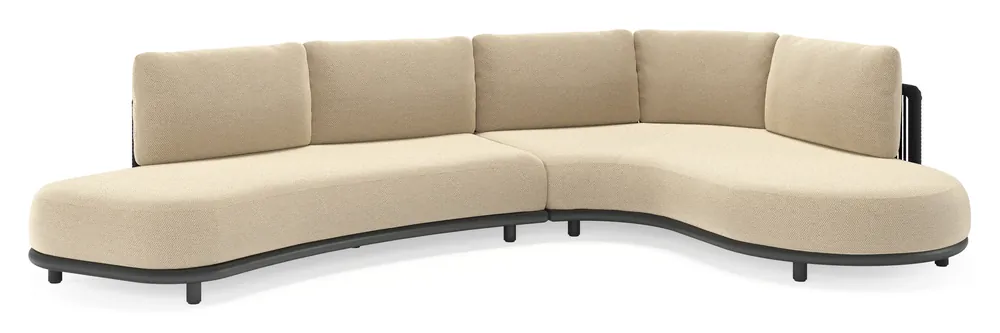 Actieprijs Lomano loungehoek in zwart aluminium en zwart verticaal geweven luxe vlakke rope met althea camel all weather cosytica kussen