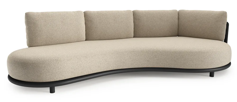 Koop Vandaag Lomano loungebank in zwart aluminium en zwart verticaal geweven luxe vlakke rope met bora desert all weather cosytica kussen