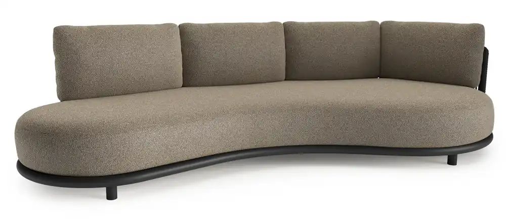 Lomano loungebank in zwart aluminium en zwart verticaal geweven luxe vlakke rope met madagascar burch all weather cosytica kussen Bestel Nu