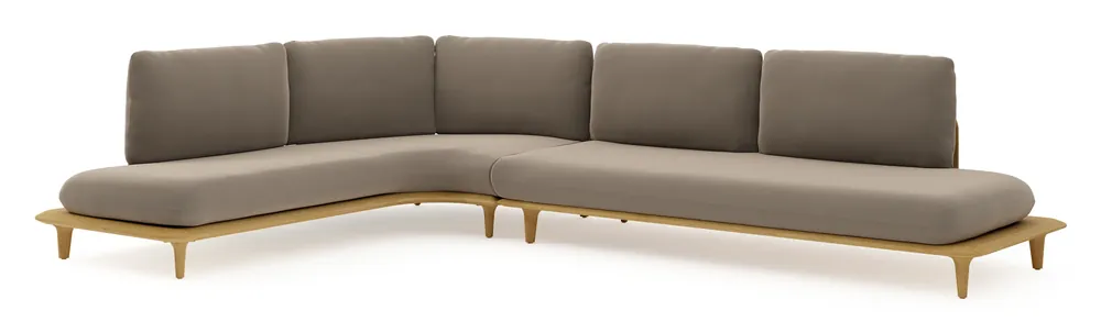 Favoriet Bomero loungehoek in teak met natte heather grey all weather sunbrella® luxe kussen