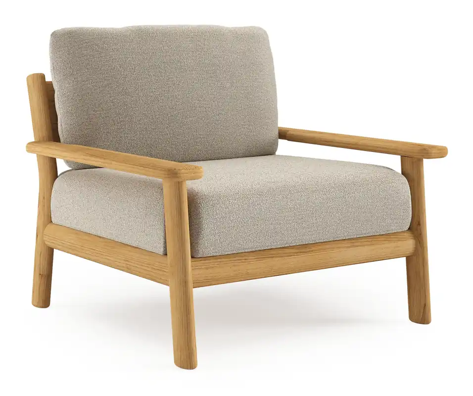Amaro loungestoel in teak met catania greige all weather cosytica kussen Gratis Retour