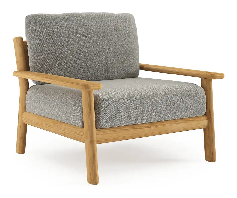 Favoriet Amaro loungestoel in teak met savane tunder all weather sunbrella® luxe kussen