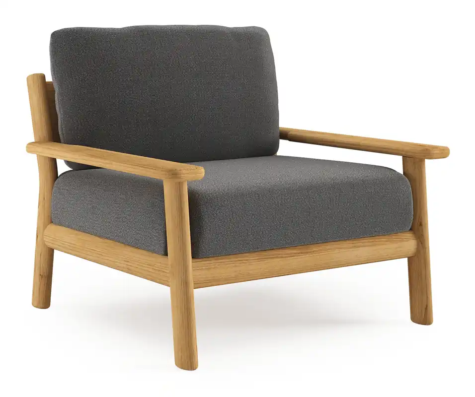 Premium Amaro loungestoel in teak met savane tornado all weather sunbrella® luxe kussen