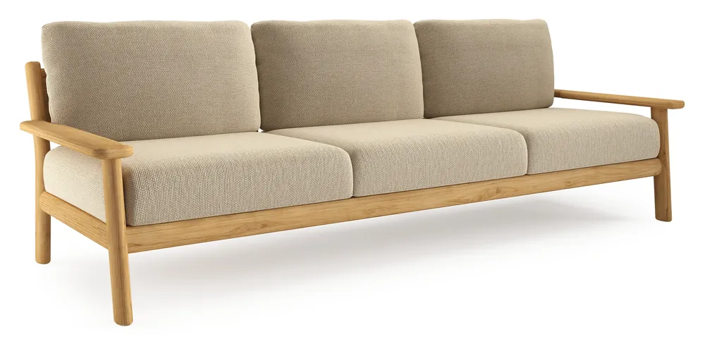 Laatste Versie Amaro loungebank in teak met althea camel all weather cosytica kussen