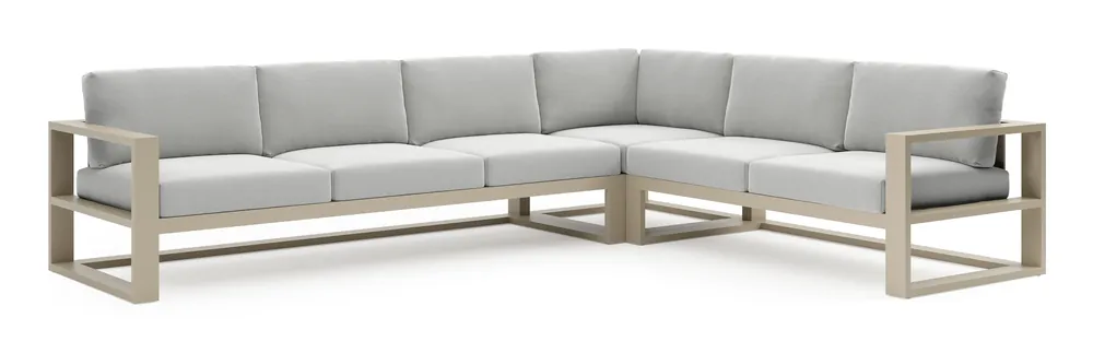 Merkproduct Verato loungehoek in beige aluminium met natte grey chine all weather sunbrella® luxe kussen