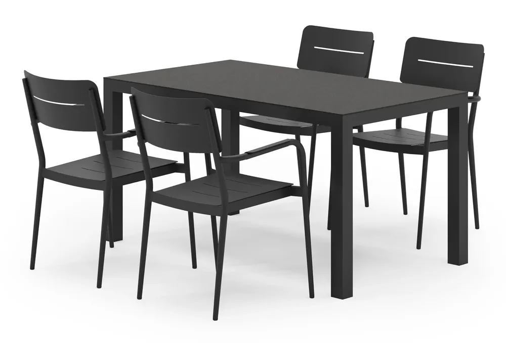 Toma tuinset in zwart aluminium en zwart sintered stone met 4 Salto tuinstoelen Flitsaanbieding