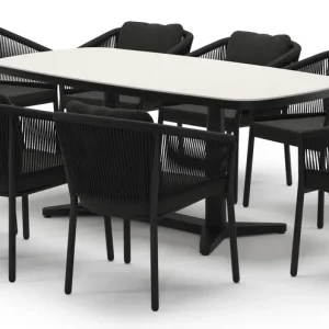 Aanbieding Tarsia tuinset bootvorm in zwart aluminium en sintered stone Crema minerale met 8 Gerona tuinstoelen