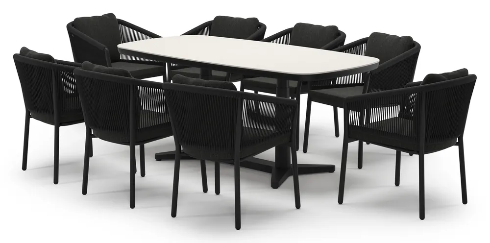 Aanbieding Tarsia tuinset bootvorm in zwart aluminium en sintered stone Crema minerale met 8 Gerona tuinstoelen