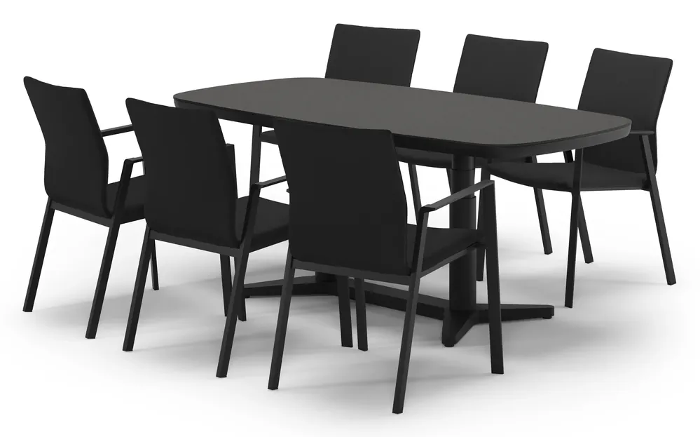 Voordeelprijs Tarsia tuinset bootvorm in zwart aluminium en sintered stone Notte minerale met 6 Madura tuinstoelen