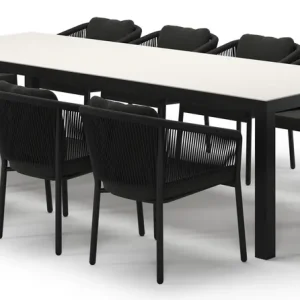 Voordeelprijs Varese tuinset rechthoekig in zwart aluminium en sintered stone Crema minerale met 10 Gerona tuinstoelen