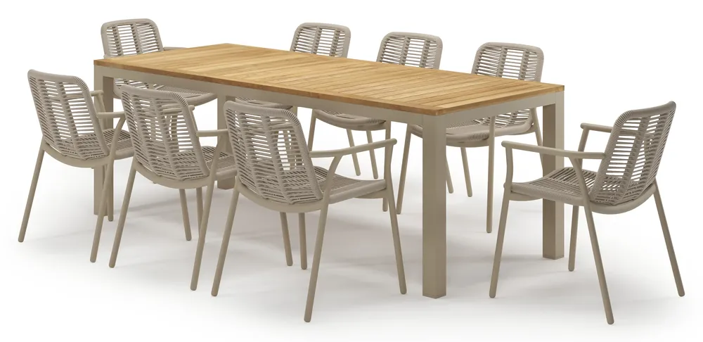 Varese tuinset in beige aluminium en teak met 8 Berga tuinstoelen Uitverkoop