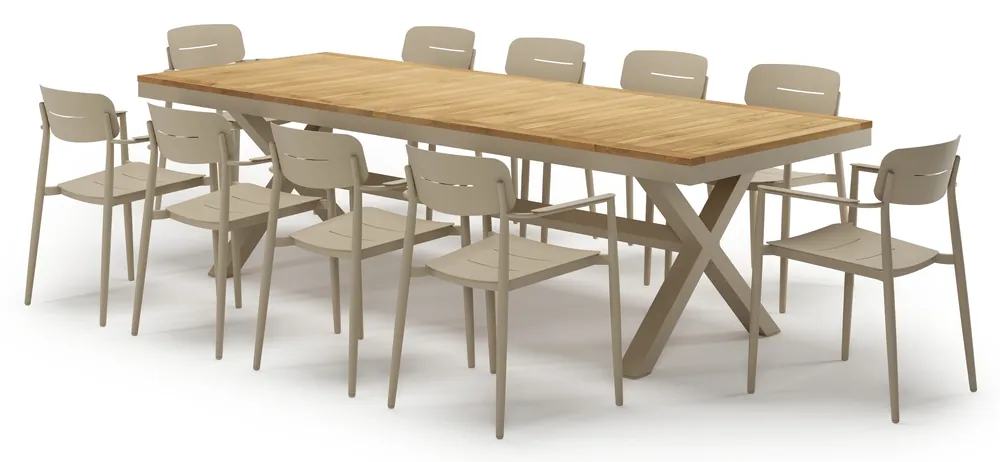 Reza tuinset in beige aluminium en teak met 10 Cosa tuinstoelen Beperkte Voorraad