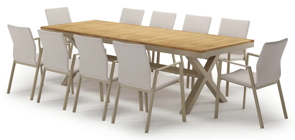 Reza tuinset in beige aluminium en teak met 10 Madura tuinstoelen Meest Verkocht