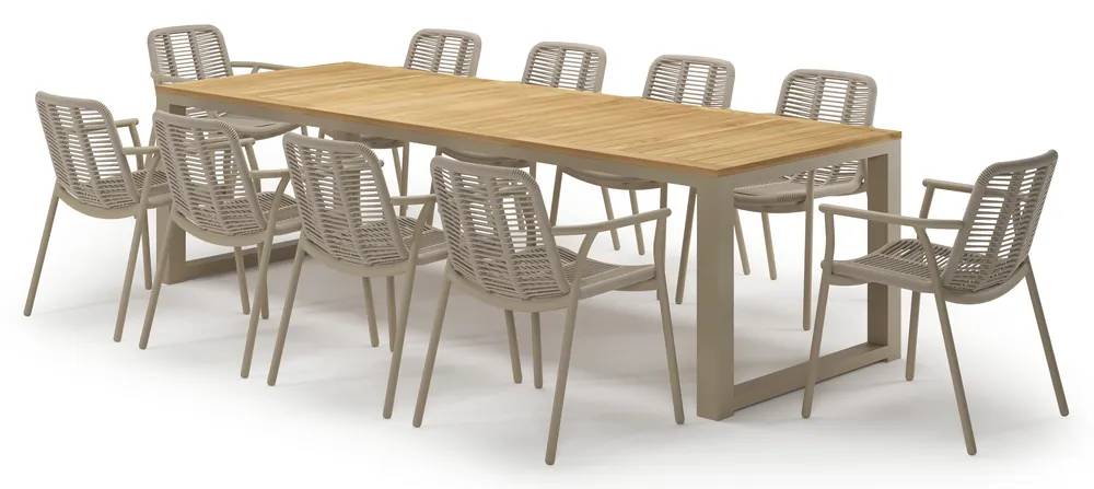 Livo tuinset in beige aluminium en teak met 10 Berga tuinstoelen Merkproduct