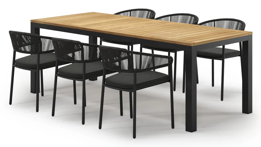 Varese tuinset in zwart aluminium en teak met 6 Zamora tuinstoelen Beperkt Aanbod