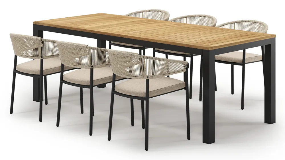 Uitverkoop Varese tuinset in zwart aluminium en teak met 6 Zamora tuinstoelen