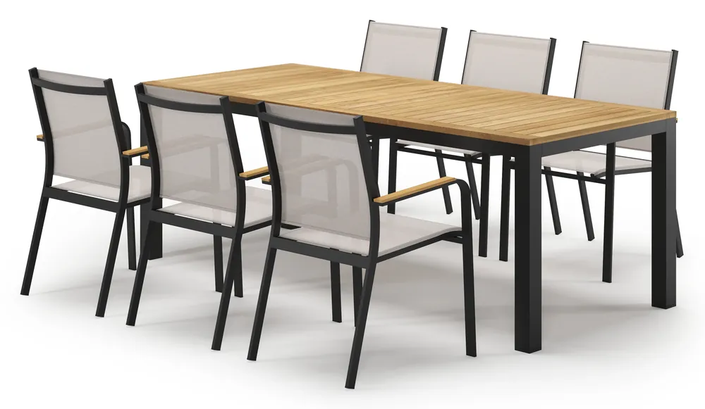 Direct Beschikbaar Varese tuinset in zwart aluminium en teak met 6 Amalfi tuinstoelen