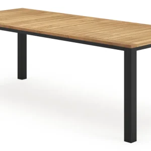 Weekendaanbieding Varese tuinset in zwart aluminium en colour finish teak tafelblad met 6 stapelbare Amalfi tuinstoelen