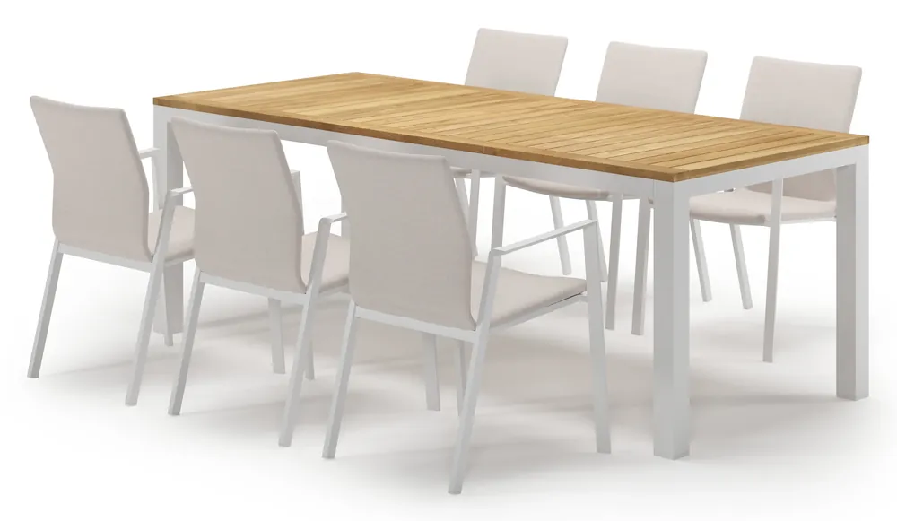Tijdelijk Beschikbaar Varese tuinset in wit aluminium en teak met 6 Madura tuinstoelen
