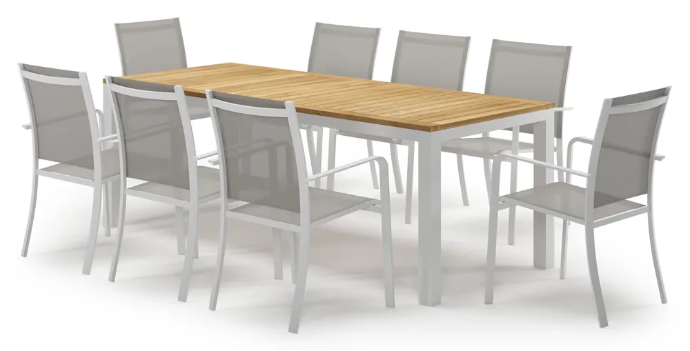 Varese tuinset in wit aluminium en teak met 8 Calobra tuinstoelen Korting